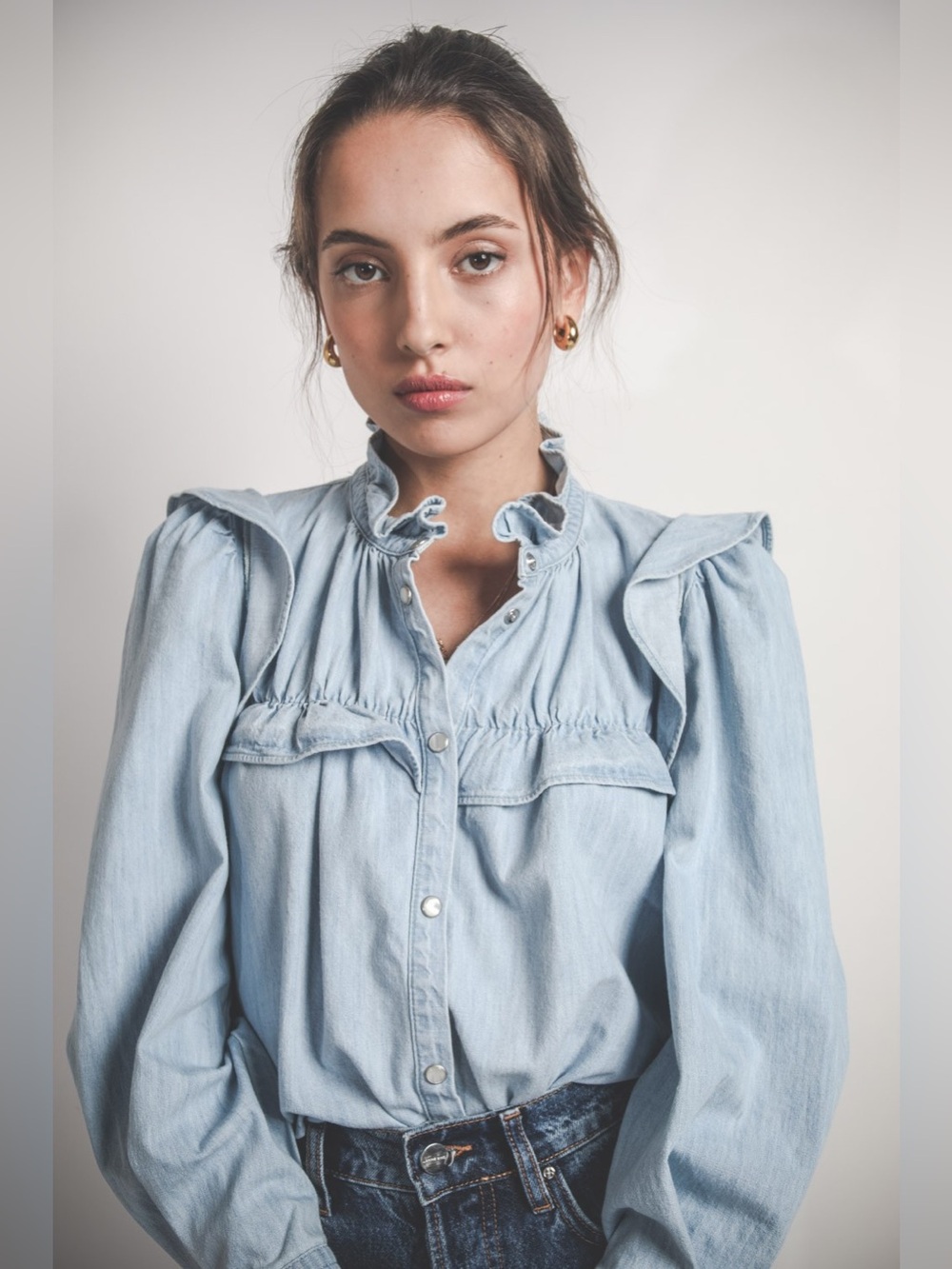 Isabel Marant Etoile Light Blue Chambray "Idety Ruffle-Trim Blouse tSize 34